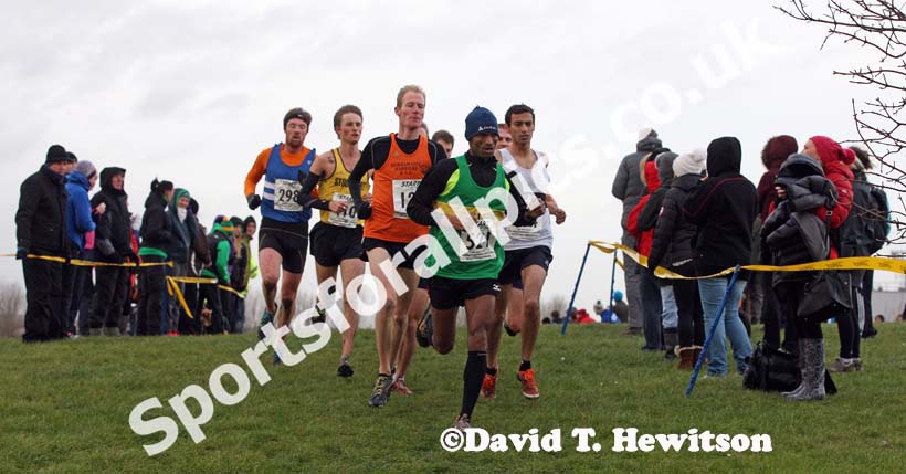Yared Hagos (Wallsend) leads eventual winner Dan Garbutt (Durham City) during the senior mens North Eastern Cross Country, Champs., Temple Park, South Shields. Photo: David T. Hewitson/Sports for All Pics